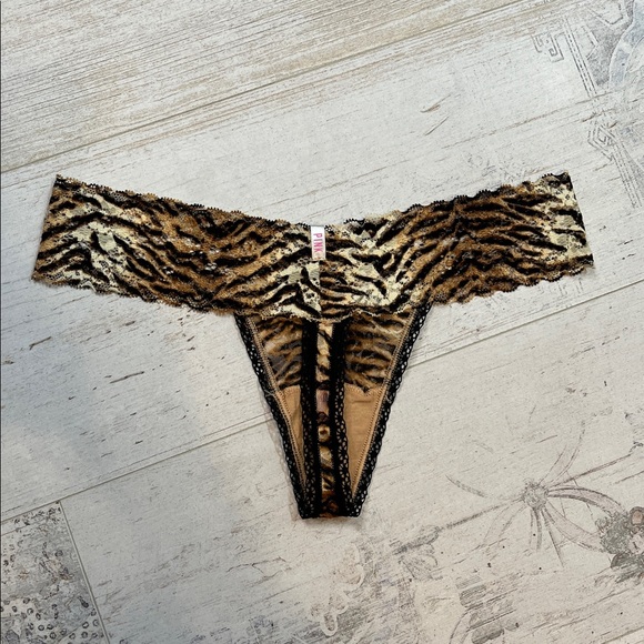 PINK Victoria's Secret Animal Print Lace Extra Low Rise Thong Panties Small - Picture 6 of 8